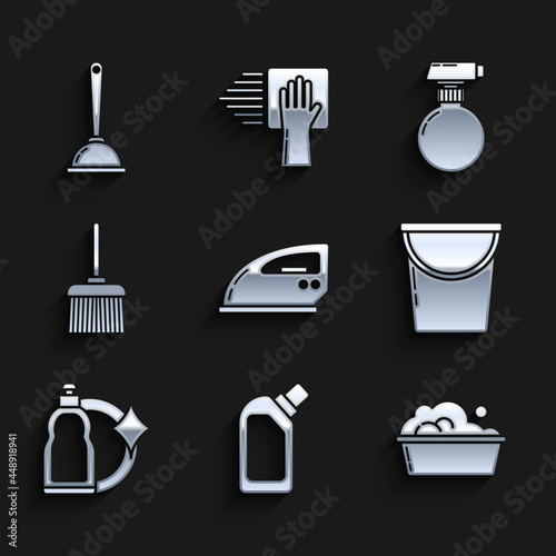 Set Electric iron, Plastic bottles for liquid dishwashing liquid, basin with soap suds, Bucket, Handle broom, and Toilet plunger icon. Vector