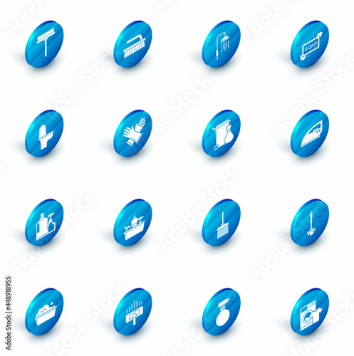 Set Brush for cleaning, Shower head with water drops flowing, Bar of soap foam, Toilet bowl, Plastic bottles liquid dishwashing liquid, Rubber gloves, Electric iron and Trash can icon. Vector