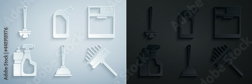 Set Toilet plunger, Washer, Plastic bottles for liquid dishwashing liquid, Squeegee, scraper, wiper, and brush icon. Vector
