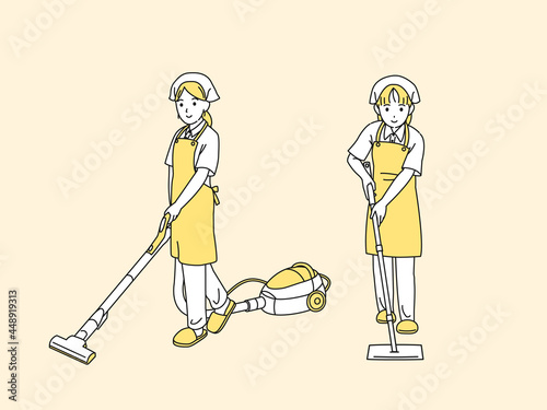 クリーニングスタッフ　家政婦　掃除をする女性　掃除機　ワイパー　全身　イラスト素材