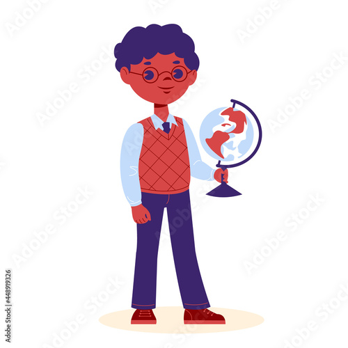 African American schoolboy with a globe. Pupil with school supplies. Vector illustration in cartoon style. Isolated on a white background.