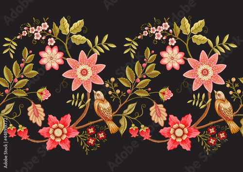Seamless pattern with stylized ornamental flowers in retro, vintage style. Jacobin embroidery. Colored vector illustration isolated on black background.