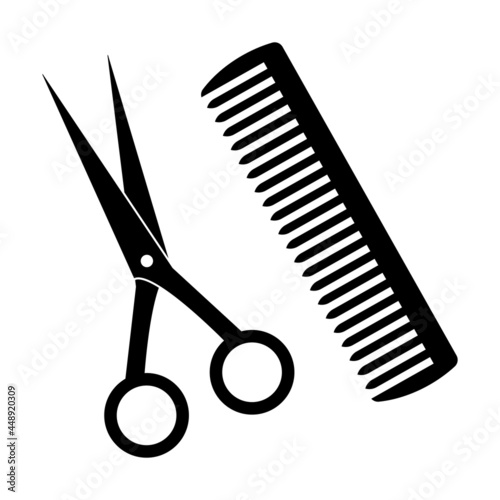 Scissors and comb icon. Barber shop hairstyling equipment symbol isolated on white background. Vector illustration.