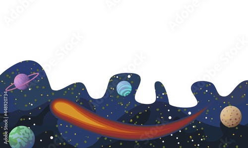 Cosmos background. Starry sky landscape. Bottom frame. Planets and their satellites. A bright comet. Flat style. Cartoon design. Vector