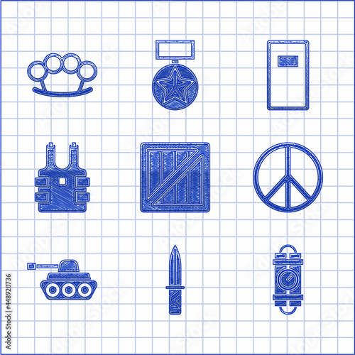 Set Military ammunition box, knife, Detonate dynamite bomb stick and timer clock, Peace, tank, Bulletproof vest for protection from bullets, Police assault shield and Brass knuckles icon. Vector