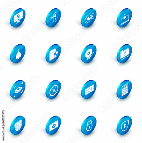 Set Door handle, Eye scan, Laptop lock, Ringing bell, Document protection concept, FTP folder and alarm icon. Vector