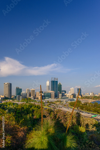 Late afternoon view of Perth city and Mitchell Freeway seen from Kings Park. Perth is a modern and vibrant city and is the capital of Western Australia, Australia.