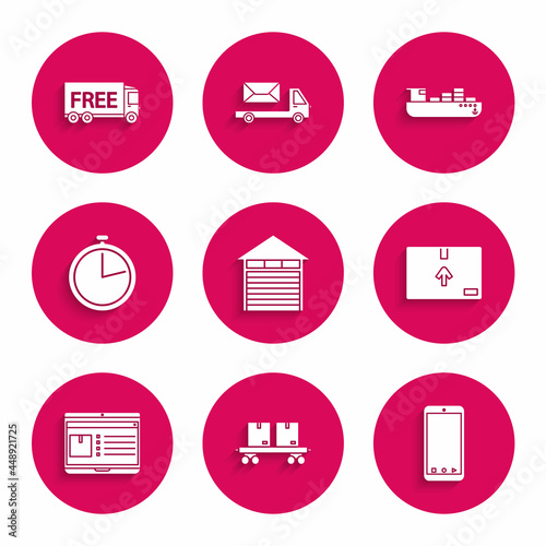 Set Closed warehouse, Railway carriage, Mobile phone with app delivery tracking, Cardboard box traffic symbol, Laptop, Stopwatch, Cargo ship boxes service and Free icon. Vector