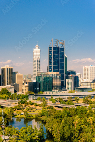 Perth cityscape viewed from Kings Park. Perth is a modern and vibrant city and is the capital of Western Australia, Australia.