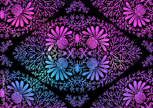 Tradition floral seamless pattern, damask vintage ornament. Royal victorian flourish wallpapper, luxury textile. Embroidery imitation in neon, fluorescent colors. Vector illustration.