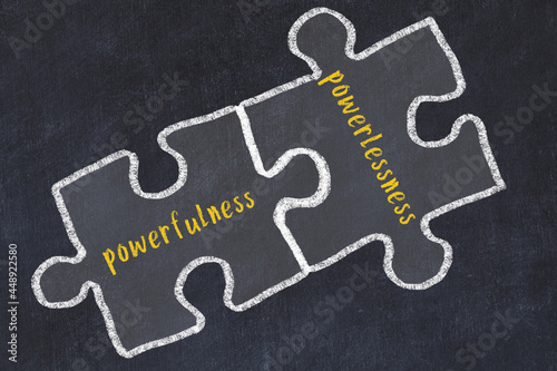 Ploblem solving. Chalk sketch of two puzzles with words powerfulness and powerlessness