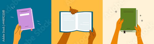 Vector illustrations set of human hands holding open or closed books. Back to school, education, literacy day. Book club member. Poetry lover. Time to reading. Bookstore, library. Morning pages, diary