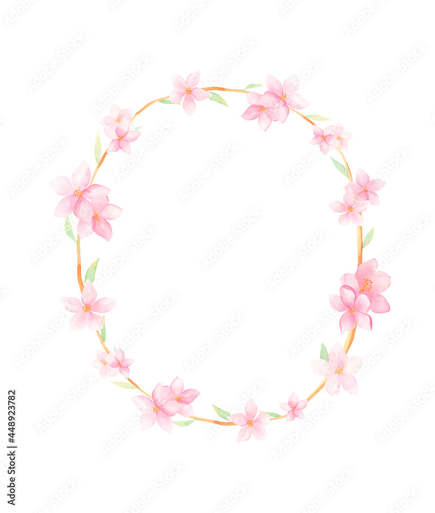 Watercolor Sakura blossom floral frame isolated on white background. Pink spring flowers for birthday invitation, greeting cards.