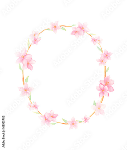 Watercolor Sakura blossom floral frame isolated on white background. Pink spring flowers for birthday invitation, greeting cards.