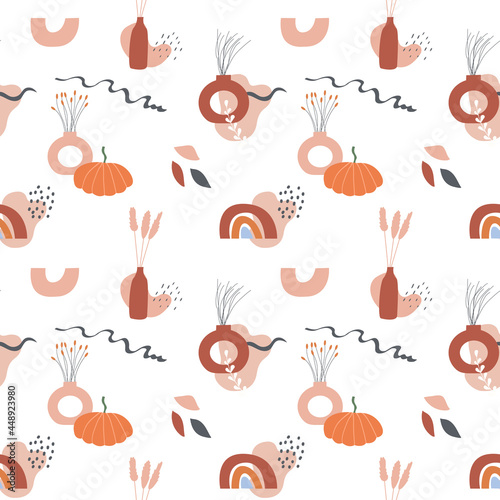 Boho art aesthetic seamless pattern with autumn arrangements of ceramic vases with dry leafs and plants. Repeatable background with pumpkin  rainbow and abstract shapes. Flat style vector illustration