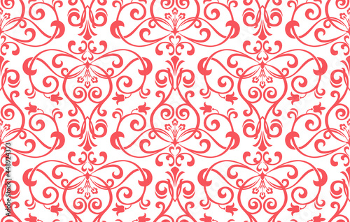 Wallpaper in the style of Baroque. Seamless vector background. White and pink floral ornament. Graphic pattern for fabric, wallpaper, packaging. Ornate Damask flower ornament