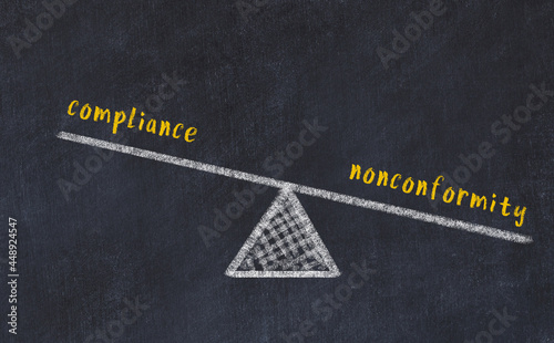 Concept of balance between compliance and nonconformity. Chalk scales and words on it photo