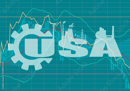 Energy and power icons with USA word build in gear. Financial market chart