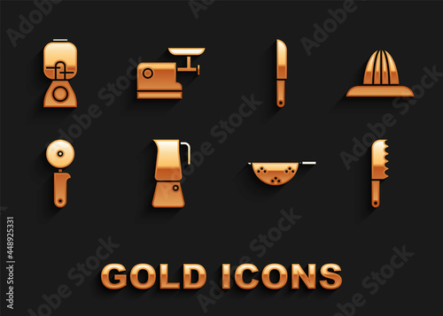 Set Moka pot, Citrus fruit juicer, Bread knife, Kitchen colander, Pizza, Knife, Blender and meat grinder icon. Vector