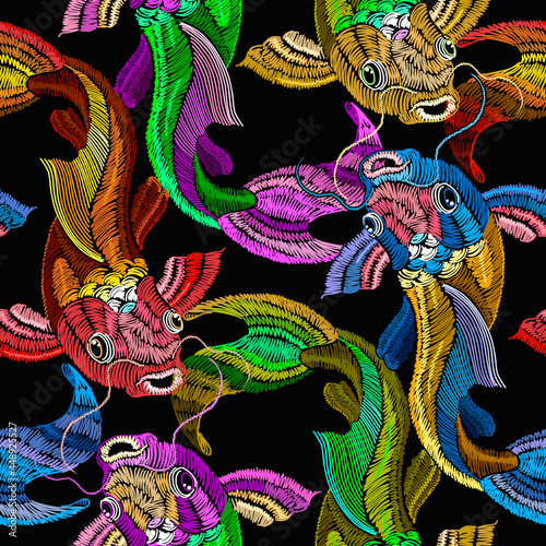 Classical embroidery colorful koi carp. Vintage fashion template clothes, t-shirt design, japanese pattern