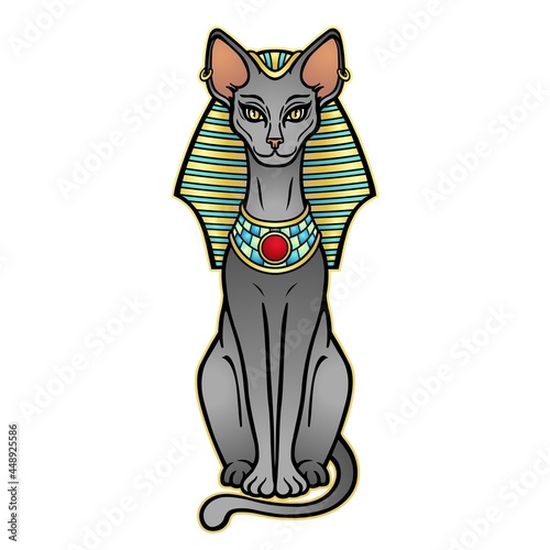 Animation color portrait Ancient Egyptian goddess Bastet (Bast) in the royal headdress. Sacred cat. Vector illustration isolated on a white background. Print, poster, tatoo.