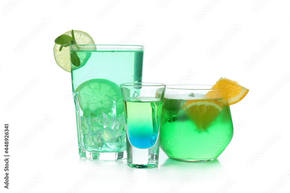 Glasses of party cocktails isolated on white background Glasses of party cocktails isolated on white background