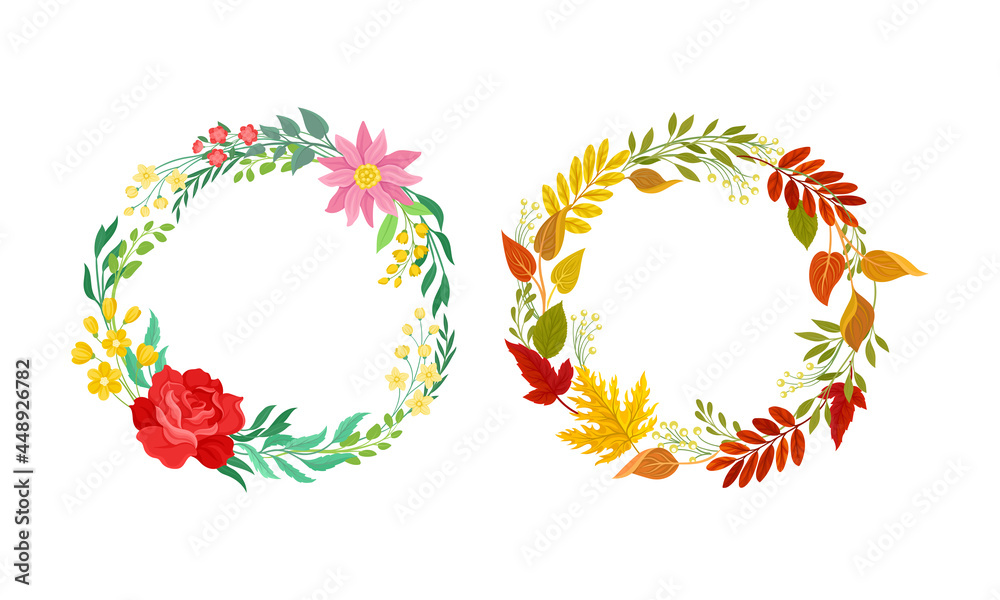 Obraz premium Wreath of Blooming Flower Branch and Foliage as Nature Vector Composition Set