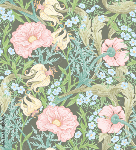 Floral Seamless pattern, background with In art nouveau style, vintage, old, retro style. Colored vector illustration..