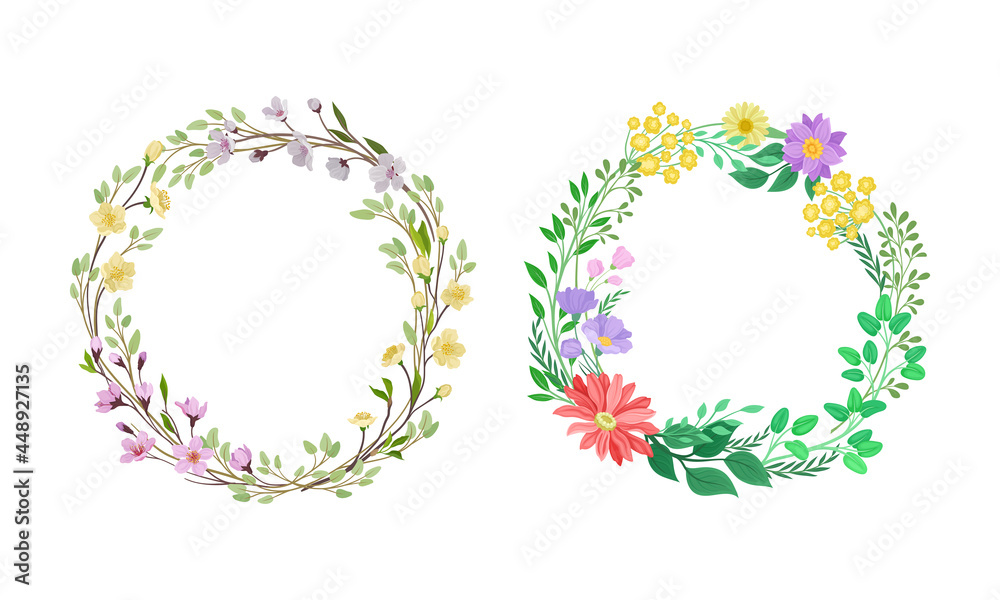 Wreath of Blooming Flower Branch and Foliage as Nature Vector Composition Set Wreath of Blooming Flower Branch and Foliage as Nature Vector Composition Set