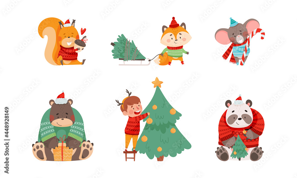 Naklejka premium Christmas Characters with Animals Wearing Knitted Scarf and Sweater and Boy Decorating Fir Tree Vector Set