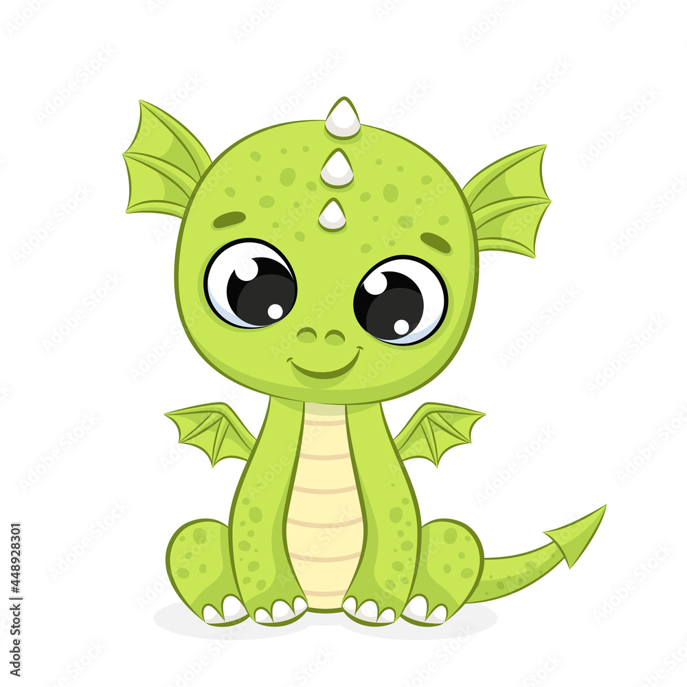 Obraz premium A cute dragon is sitting and smiling at you. Cartoon vector illustration.