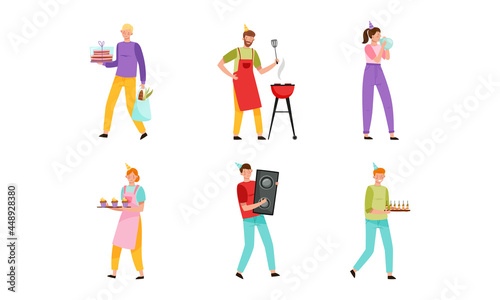 People Characters Celebrating Birthday Carrying Cake and Inflating Balloon Vector Illustration Set