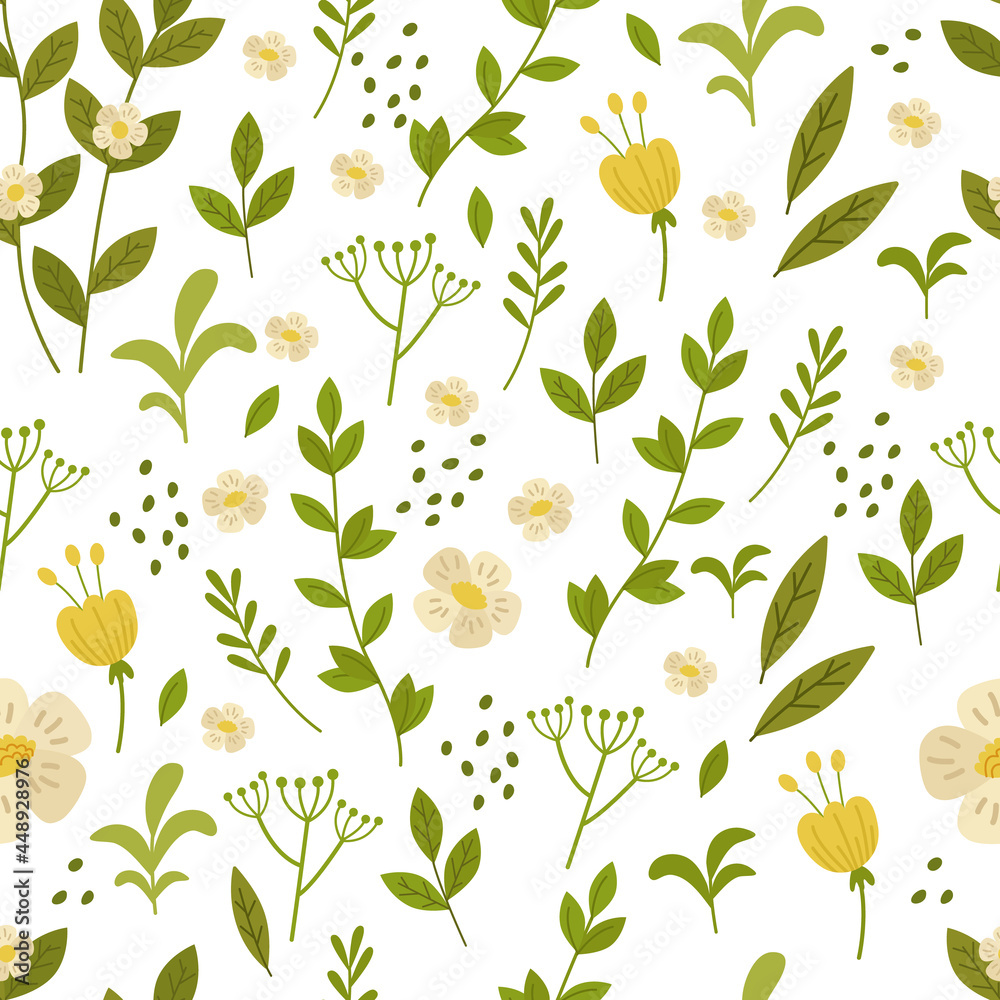 Seamless pattern with a tea bush with flowers. Botanical vector illustration. For background, printing on paper or fabric, design or decor Seamless pattern with a tea bush with flowers. Botanical vector illustration. For background, printing on paper or fabric, design or decor