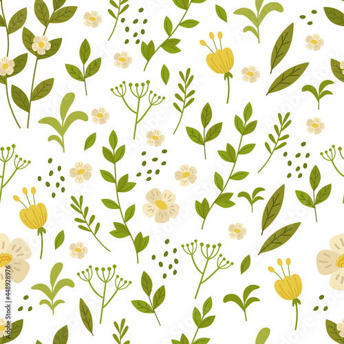 Seamless pattern with a tea bush with flowers. Botanical vector illustration. For background, printing on paper or fabric, design or decor