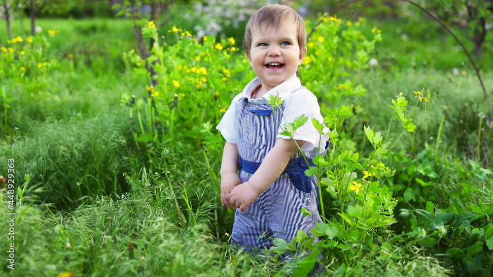 A cute boy with expressive blue eyes in a fashionable jumpsuit smiles funny and hides in the tall green grass A cute boy with expressive blue eyes in a fashionable jumpsuit smiles funny and hides in the tall green grass