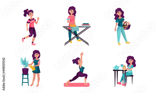 Young Woman Running, Ironing and Doing Yoga Vector Illustration Set