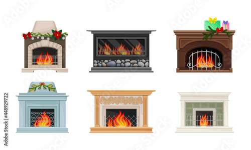 Fireplace or Hearth with Mantelpiece and Burning Fire Vector Set