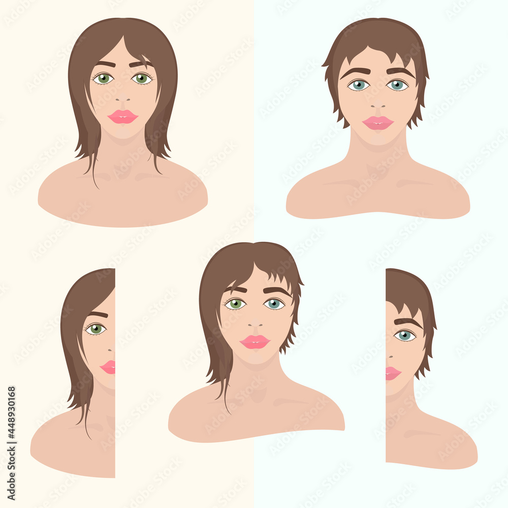 face of androgynous man, male and female portrait face of androgynous man, male and female portrait