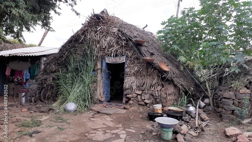 Fotografia, Obraz hut in the village in Belagavi Village Karnataka, India August 4, 2021