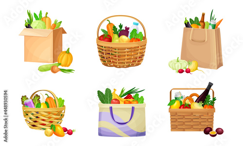 Grocery Bag and Basket Full of Food and Products from Market Vector Set