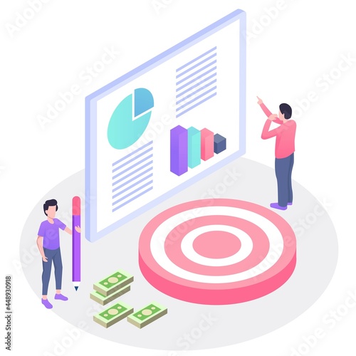 Isometric concept, wifi connected people, bar presentation. Occupation plan, workplace for team cooperation. Discussing together, diagram of brainstorming. Report, sales target, marketing illustration
