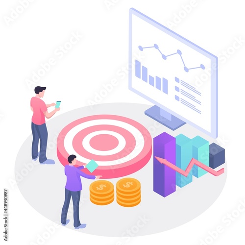 Isometric concept, wifi connected people, bar presentation. Occupation plan, workplace for team cooperation. Discussing together, diagram of brainstorming. Report, sales target, marketing illustration