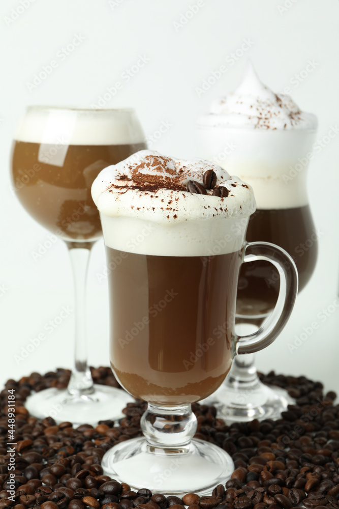 Concept of delicious drink with Irish coffee on white background Concept of delicious drink with Irish coffee on white background
