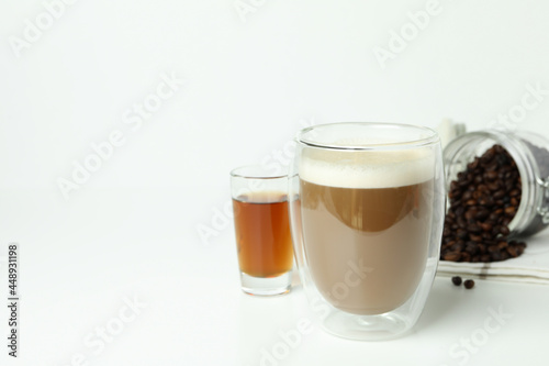 Concept of making Irish coffee on white background