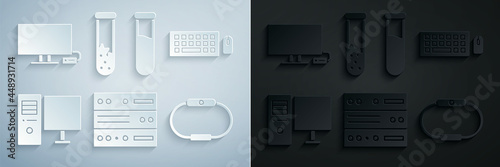 Set Server, Data, Web Hosting, Keyboard and mouse, Computer monitor, Smartwatch, Test tube flask and Tv icon. Vector