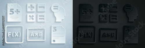 Set Chalkboard, Calculation, Function mathematical symbol, Test or exam sheet, Calculator and icon. Vector