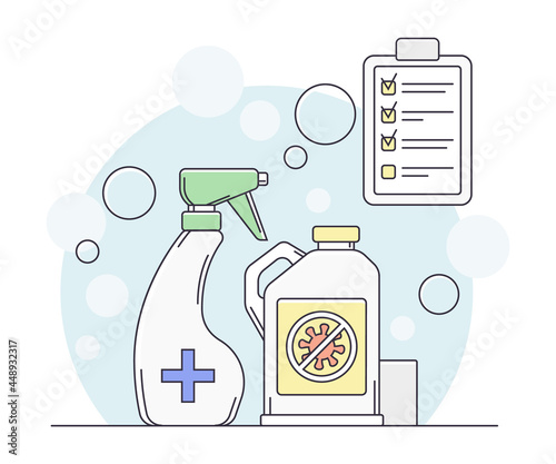 Pandemic with Antibacterial Agent and Sanitizer Bottle as Safety Measure Line Vector Illustration