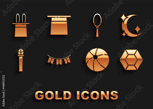 Set Carnival garland with flags, Moon stars, Magic stone, Beach ball, staff, hand mirror, Magician hat rabbit ears and icon. Vector