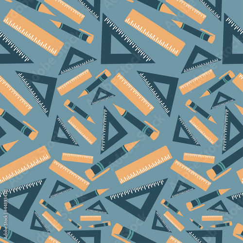 Vector seamless pattern illustration colorful design of study supplies rulers and pens