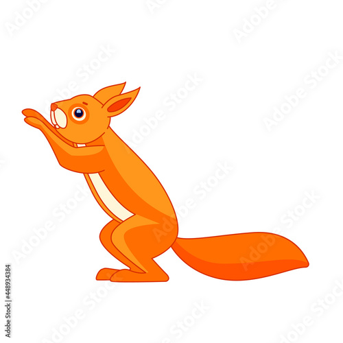 The squirrel stood up. Cartoon character of a dangerous mammal animal. A wild forest creature with dark fur. Side view. Vector flat illustration isolated on a white background